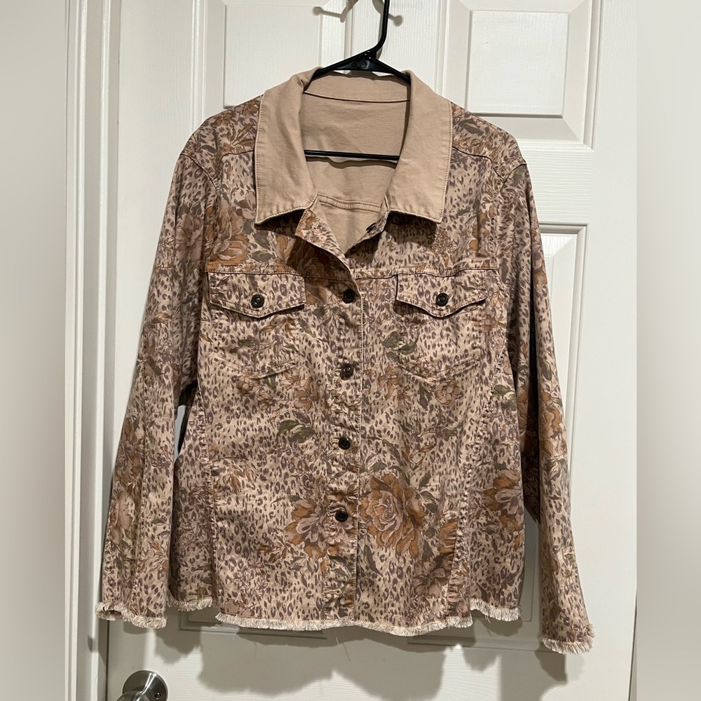 DIANE GILMAN Floral Leopard Print Button-Up Jacket in Taupe and Beige SZ 3X - Picture 1 of 9